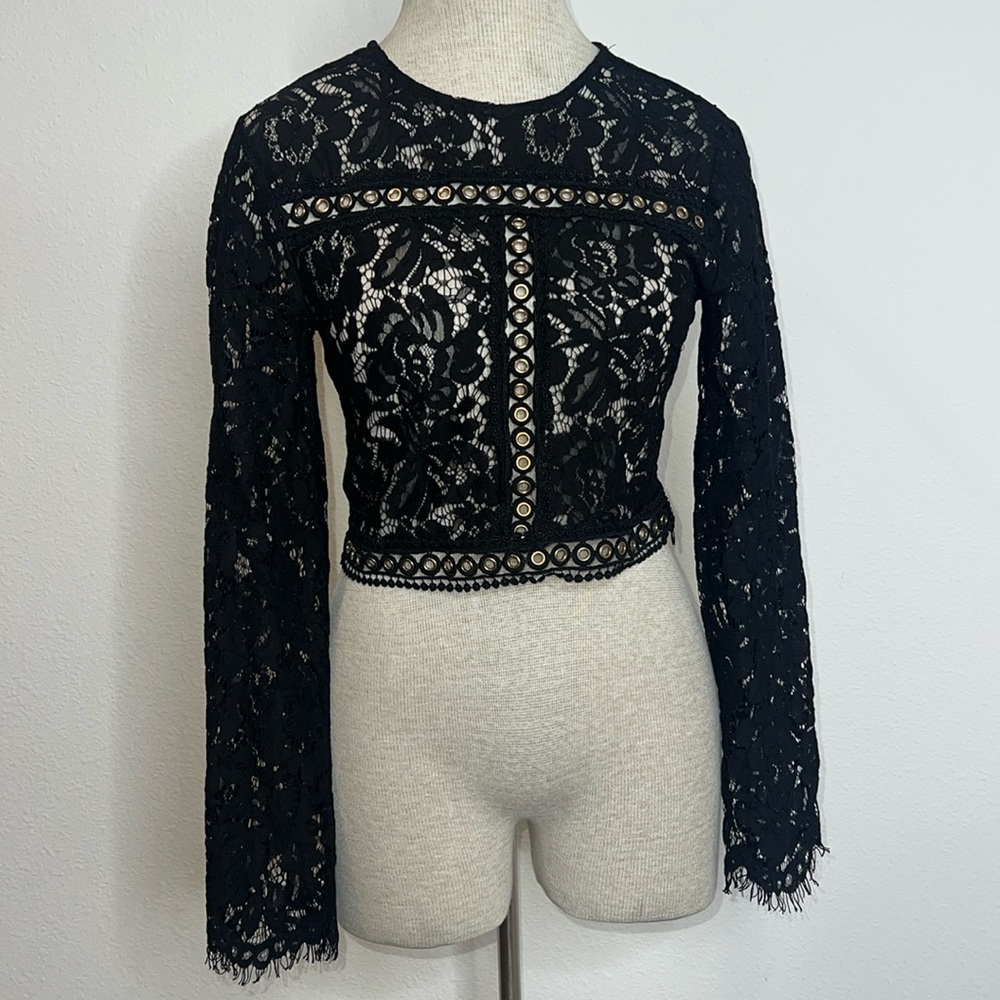 🔹 Forever 21 Lace Top with Metal Ring Embellishment and Bell Sleeve